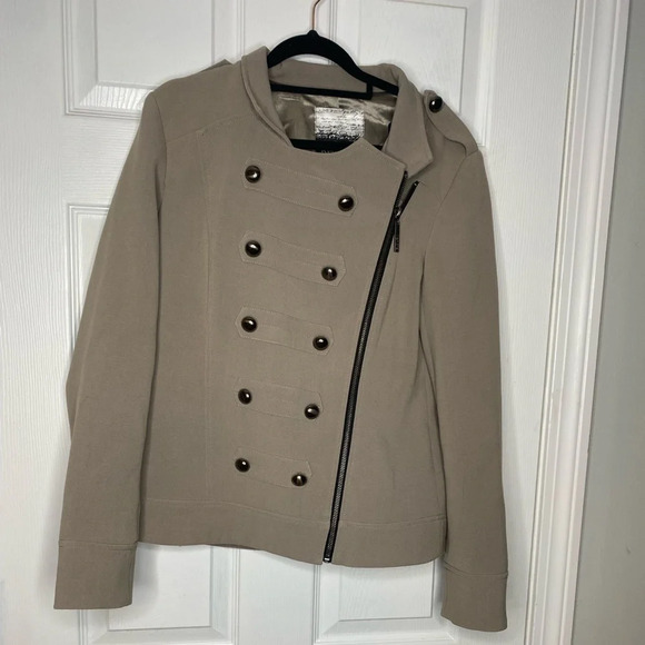 KENZIE Asymmetrical Zipper Button Detail Khaki Coat Size Medium - Picture 2 of 8